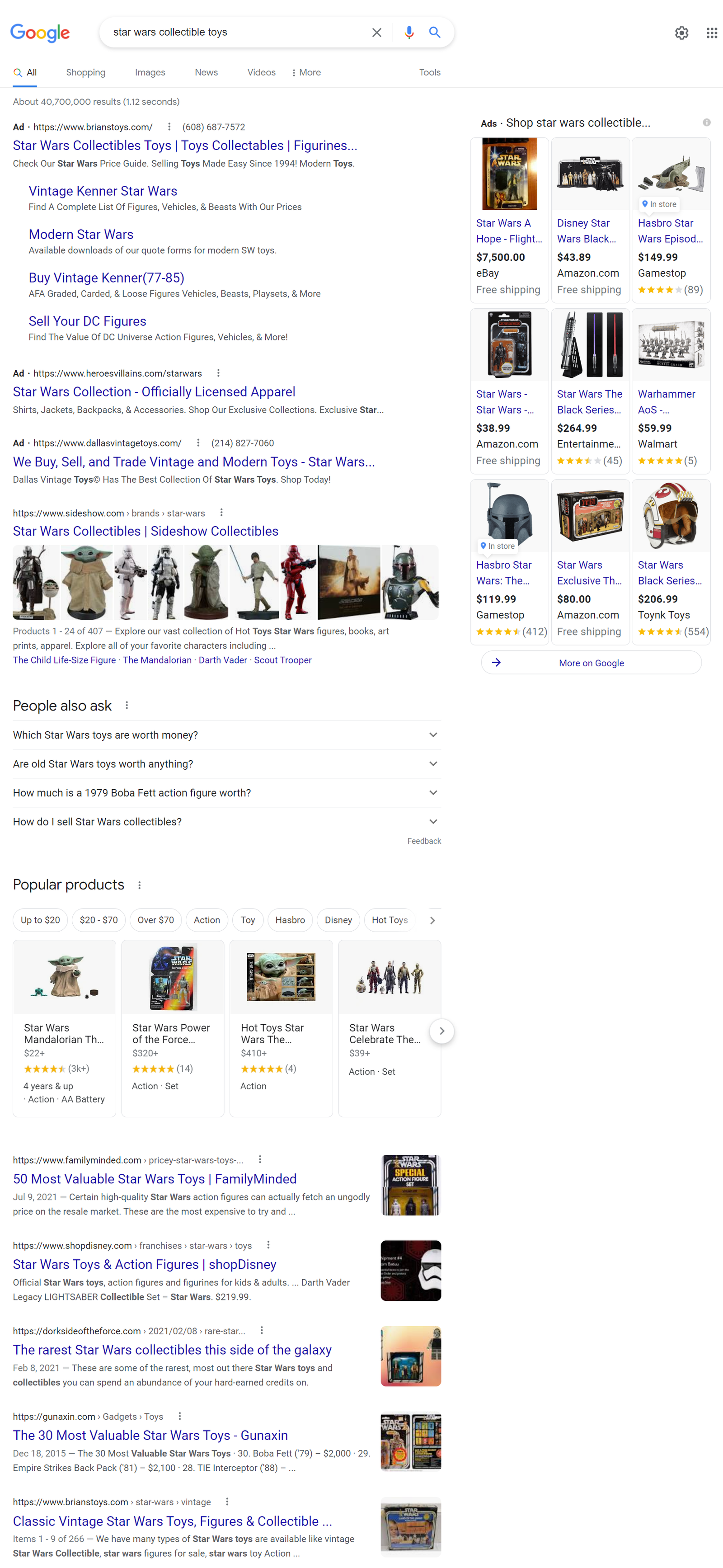 SERP results for "star wars collective toys" with images in a variety of sections on the page